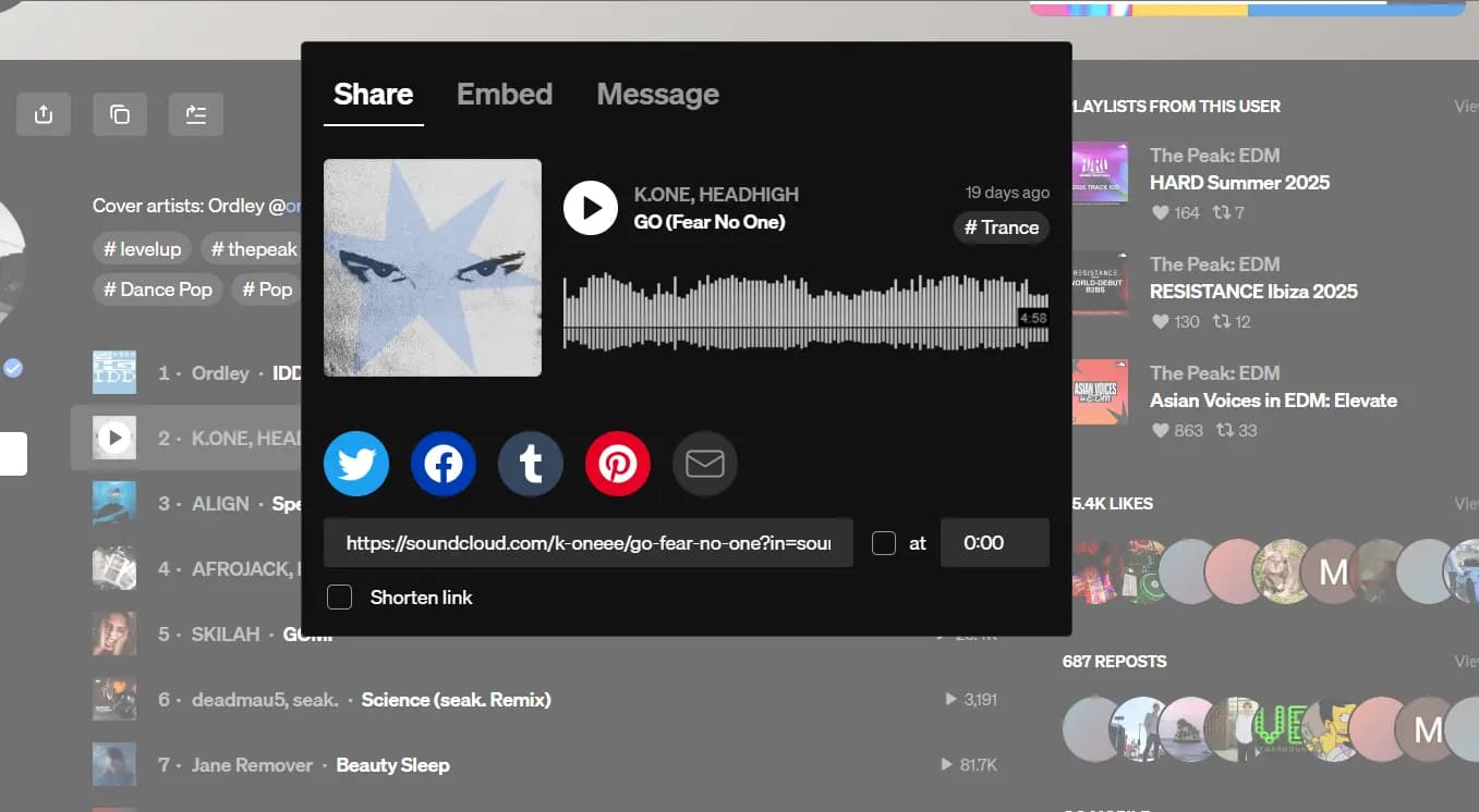 Copying a song link on SoundCloud